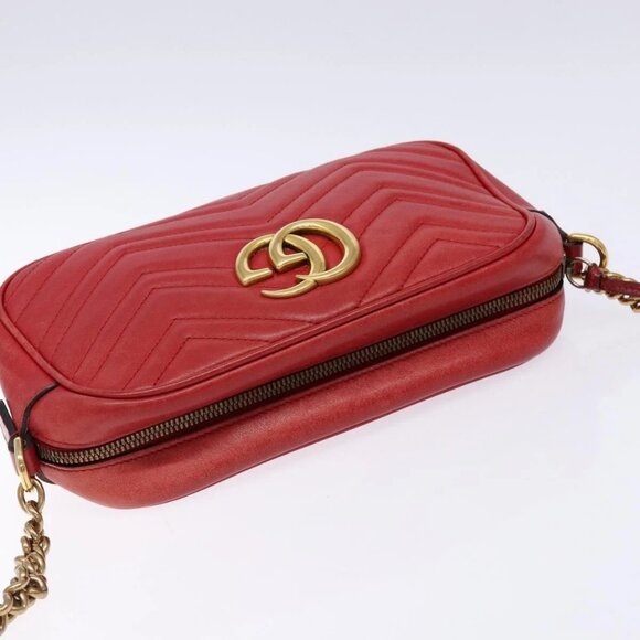 GUCCI GG Marmont Shoulder Bag Leather Red Gold 447632 Auth sw1251 - Picture 7 of 16